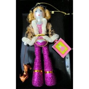 Glass Christmas Ornament Woman Walking Chihuahua Dog Purple Fashionista Shopping